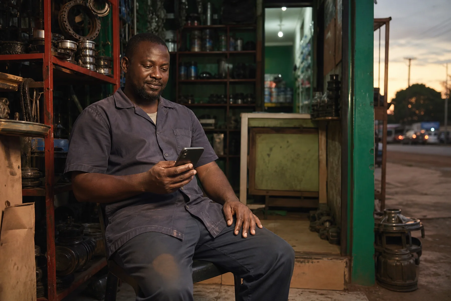 A Ghanaian spare-parts trader reviewing his daily business record at closing time