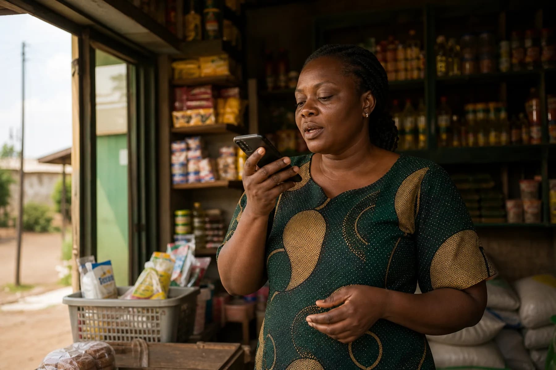 A Ghanaian provisions trader recording her day by speaking into her phone